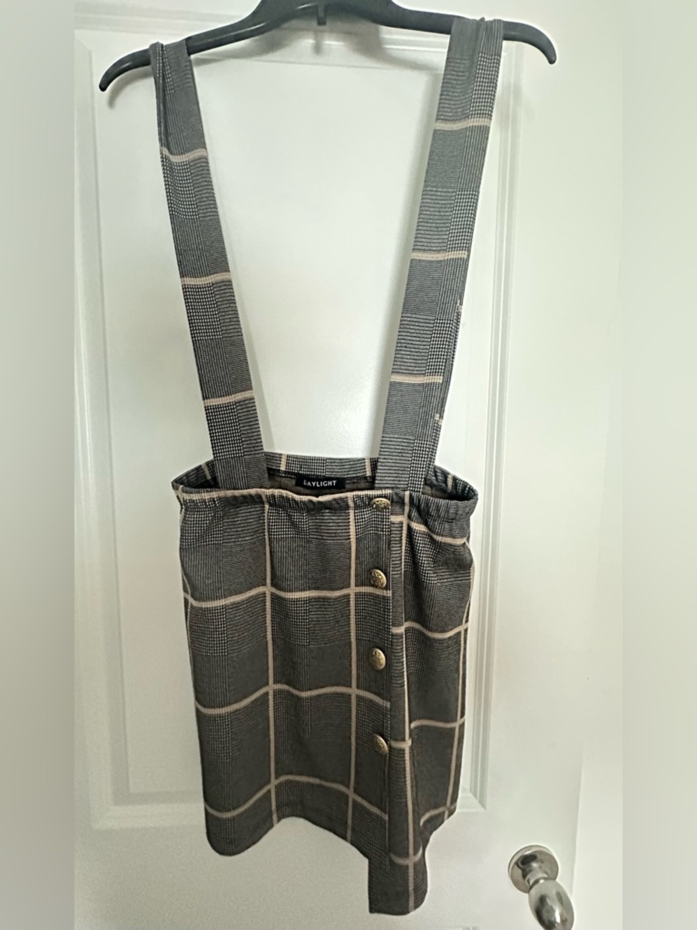 Gray Plaid Suspender Skirt with Gold Buttons